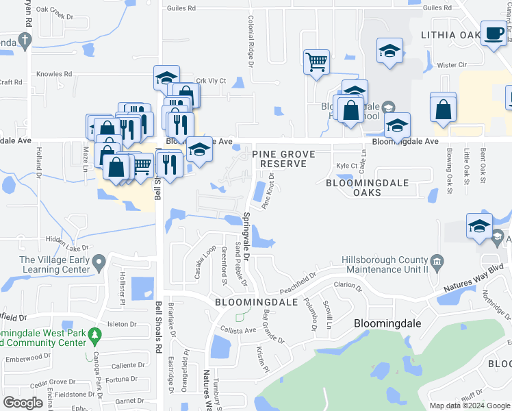 map of restaurants, bars, coffee shops, grocery stores, and more near 3637 Pine Knot Drive in Valrico