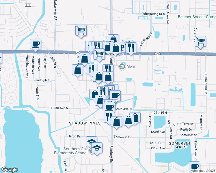 map of restaurants, bars, coffee shops, grocery stores, and more near 12950 Starkey Road in Largo