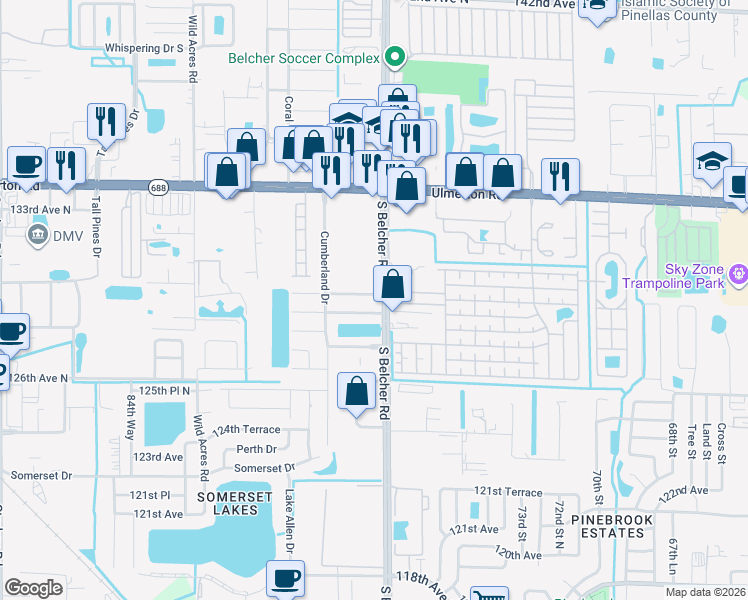 map of restaurants, bars, coffee shops, grocery stores, and more near 7812 Powder Horn Circle in Largo