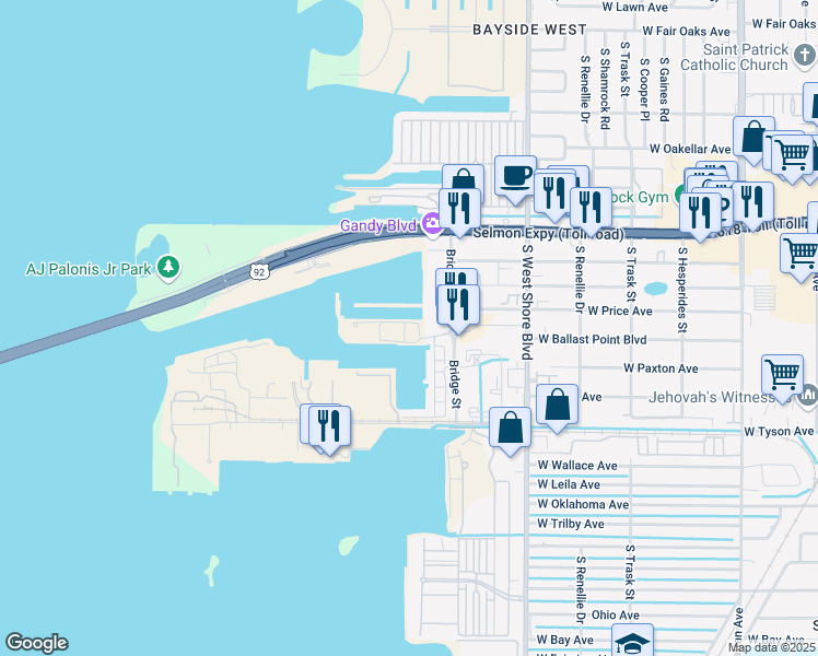map of restaurants, bars, coffee shops, grocery stores, and more near 5201 Bridge Street in Tampa