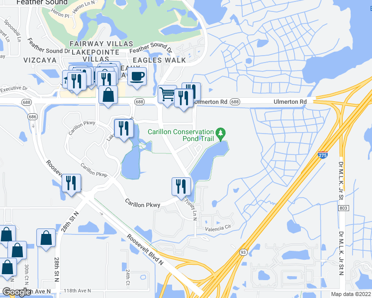 map of restaurants, bars, coffee shops, grocery stores, and more near 100 Commonwealth Court North in Saint Petersburg