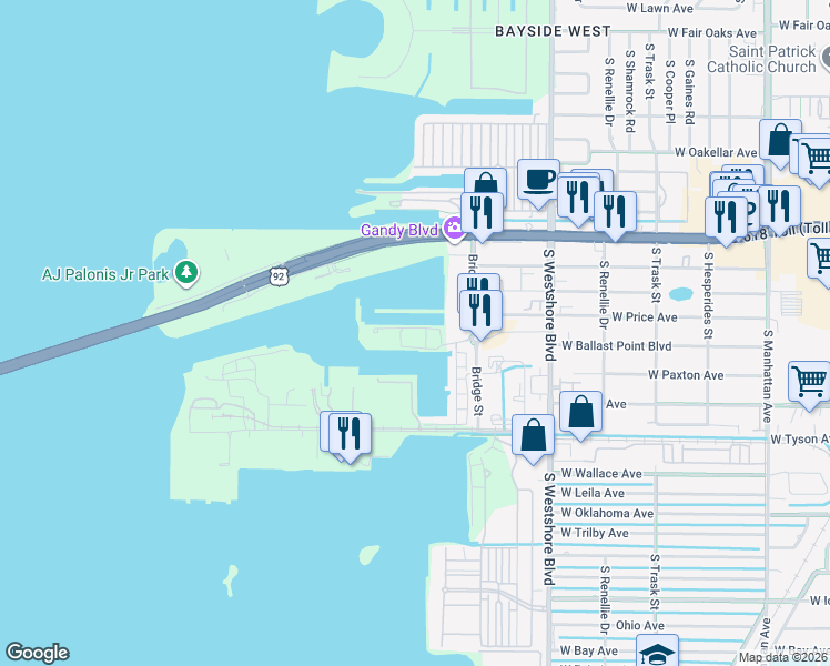 map of restaurants, bars, coffee shops, grocery stores, and more near 5201 Bridge Street in Tampa