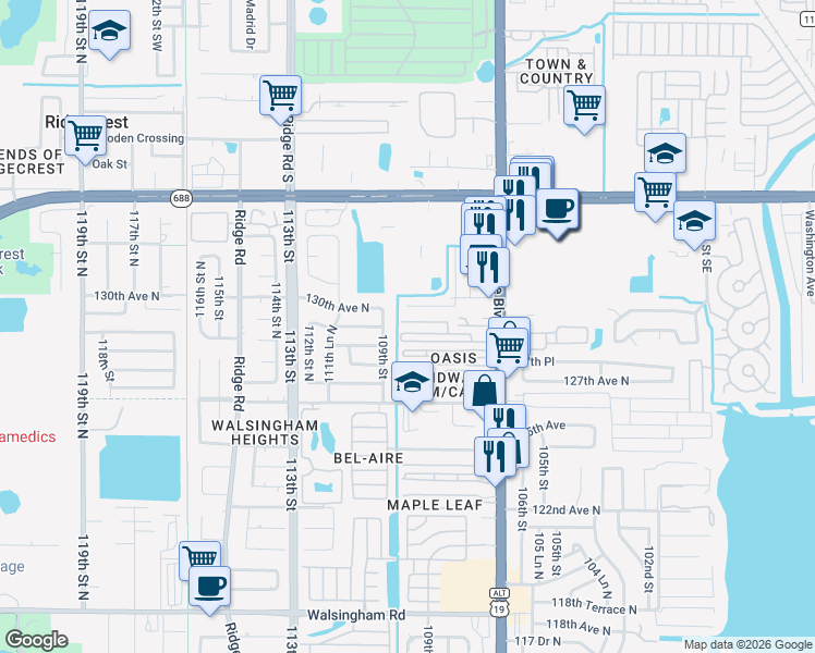 map of restaurants, bars, coffee shops, grocery stores, and more near 12843 109th Street in Largo