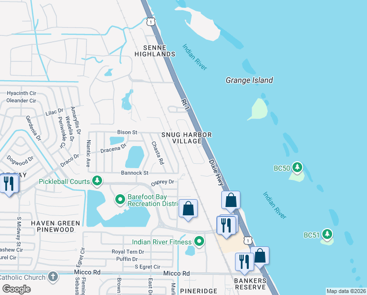 map of restaurants, bars, coffee shops, grocery stores, and more near 7620 Blackhawk Road in Sebastian