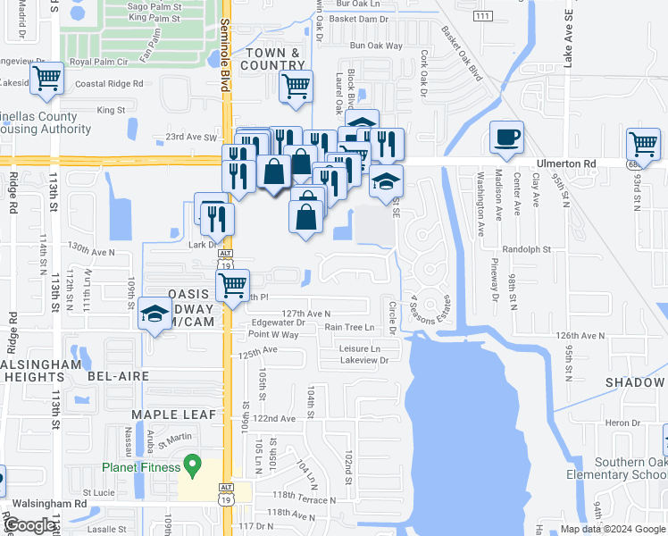 map of restaurants, bars, coffee shops, grocery stores, and more near 10289 128th Terrace North in Largo