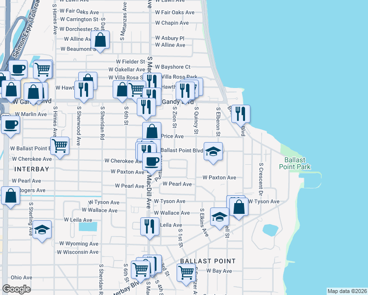 map of restaurants, bars, coffee shops, grocery stores, and more near 2905 West Winthrop Road in Tampa
