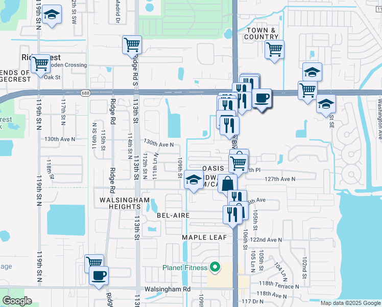 map of restaurants, bars, coffee shops, grocery stores, and more near 12843 109th Street in Largo