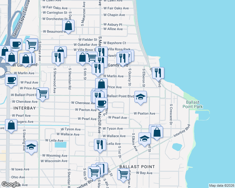 map of restaurants, bars, coffee shops, grocery stores, and more near 2905 West Winthrop Road in Tampa