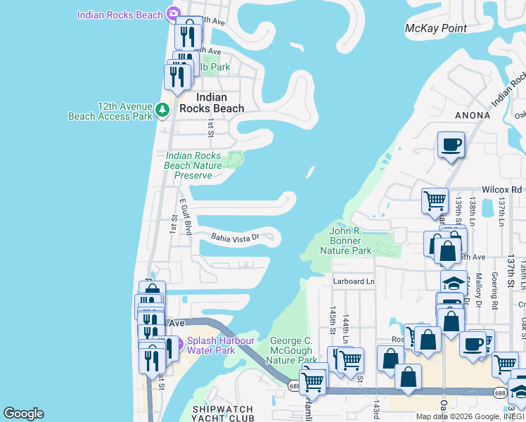 map of restaurants, bars, coffee shops, grocery stores, and more near 357 La Hacienda Drive in Indian Rocks Beach
