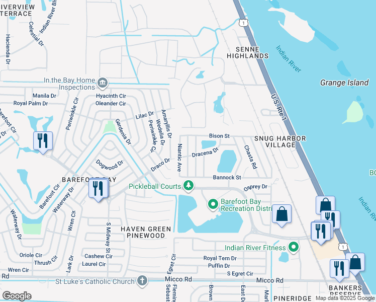 map of restaurants, bars, coffee shops, grocery stores, and more near 7642 Longhorn Avenue in Micco