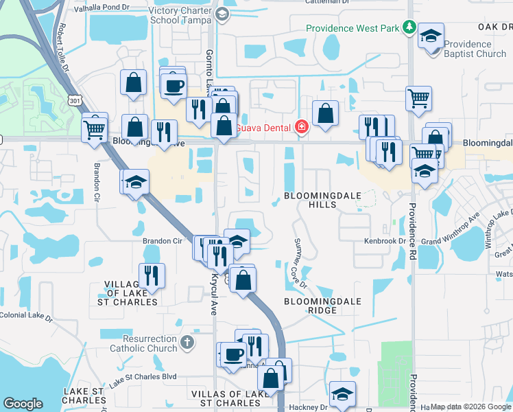 map of restaurants, bars, coffee shops, grocery stores, and more near 6313 Osprey Lake Circle in Riverview