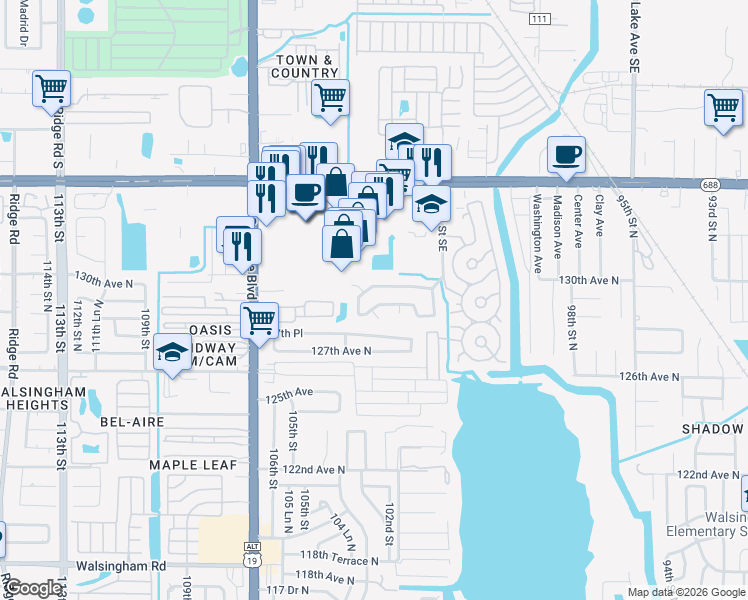 map of restaurants, bars, coffee shops, grocery stores, and more near 10289 128th Terrace North in Largo