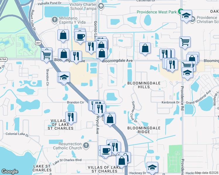 map of restaurants, bars, coffee shops, grocery stores, and more near 6313 Osprey Lake Circle in Riverview