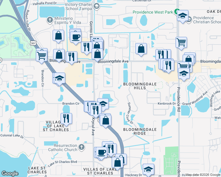 map of restaurants, bars, coffee shops, grocery stores, and more near 6313 Osprey Lake Circle in Riverview