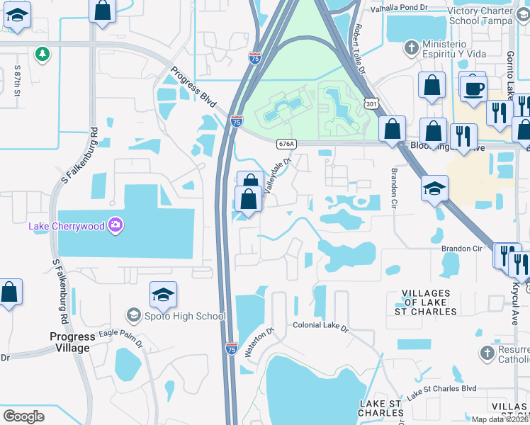 map of restaurants, bars, coffee shops, grocery stores, and more near 6050 Valleydale Drive in Riverview