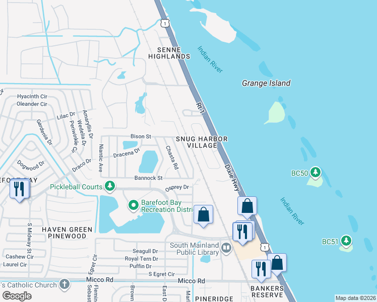 map of restaurants, bars, coffee shops, grocery stores, and more near 7597 Cedar Bark Road in Micco