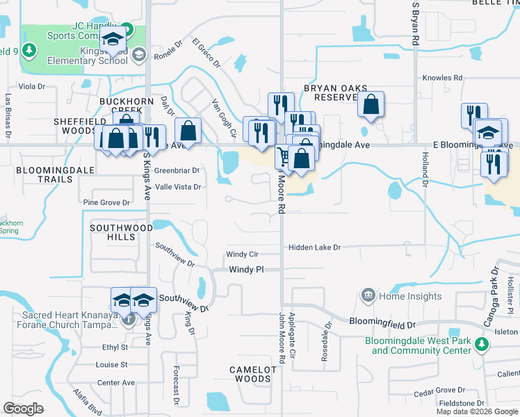 map of restaurants, bars, coffee shops, grocery stores, and more near 110 Falling Water Drive in Brandon