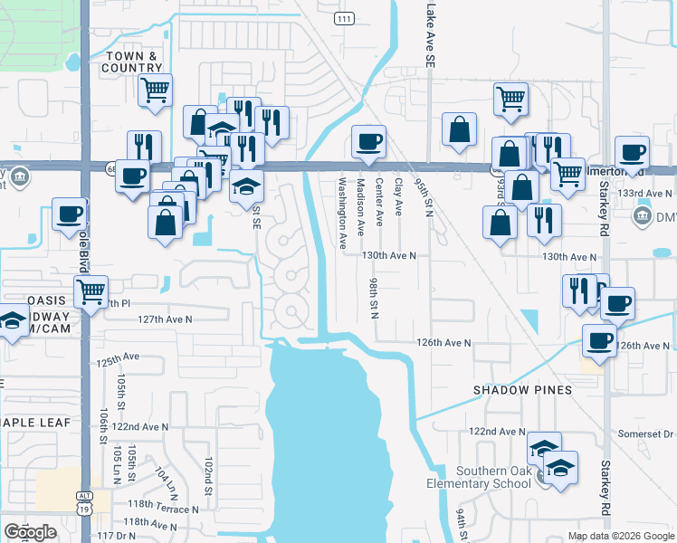 map of restaurants, bars, coffee shops, grocery stores, and more near 12872 Pineway Drive in Largo