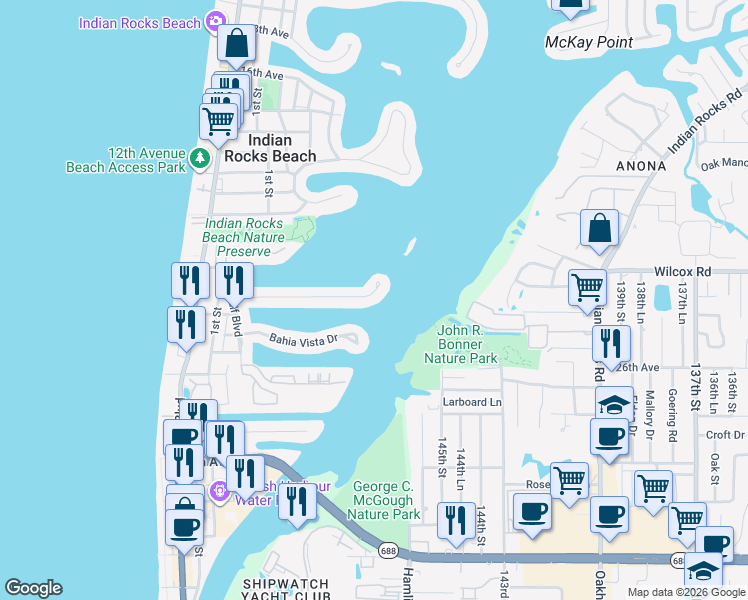 map of restaurants, bars, coffee shops, grocery stores, and more near 373 La Hacienda Drive in Indian Rocks Beach