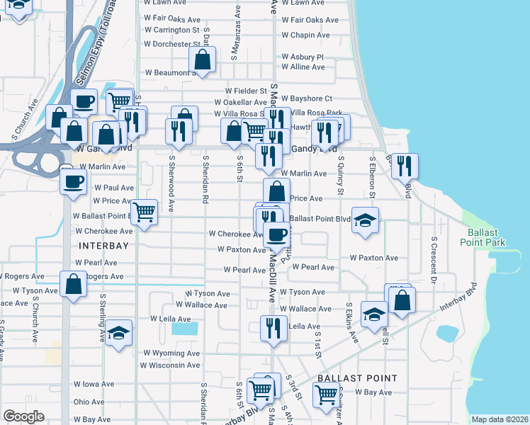 map of restaurants, bars, coffee shops, grocery stores, and more near 5201 South MacDill Avenue in Tampa