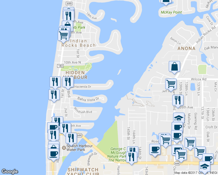 map of restaurants, bars, coffee shops, grocery stores, and more near 373 La Hacienda Drive in Indian Rocks Beach