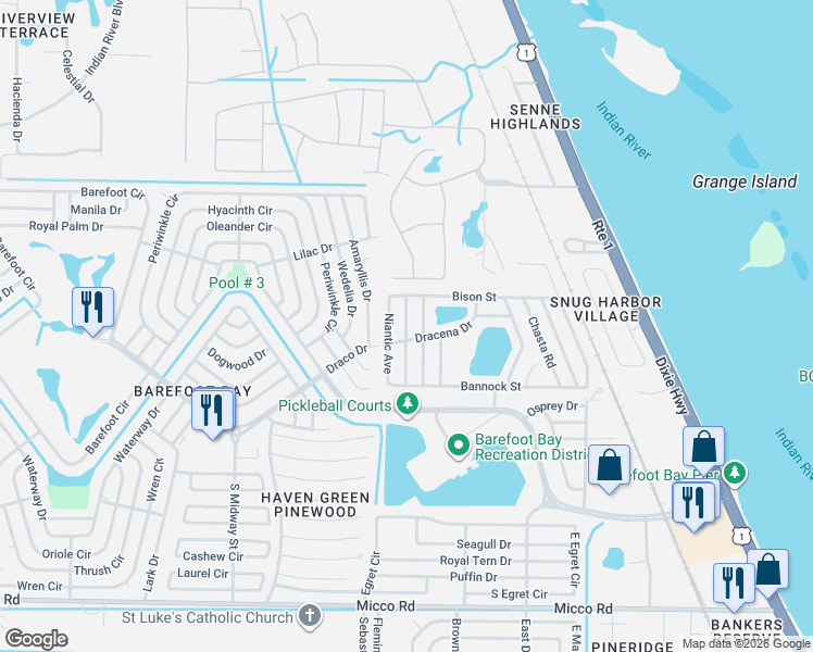 map of restaurants, bars, coffee shops, grocery stores, and more near 7606 Longhorn Avenue in Micco