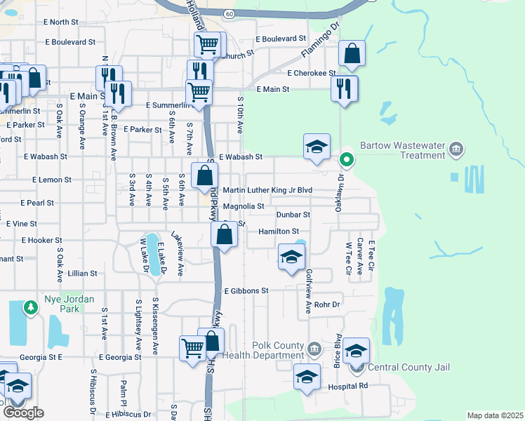 map of restaurants, bars, coffee shops, grocery stores, and more near 1880 Magnolia Street in Bartow