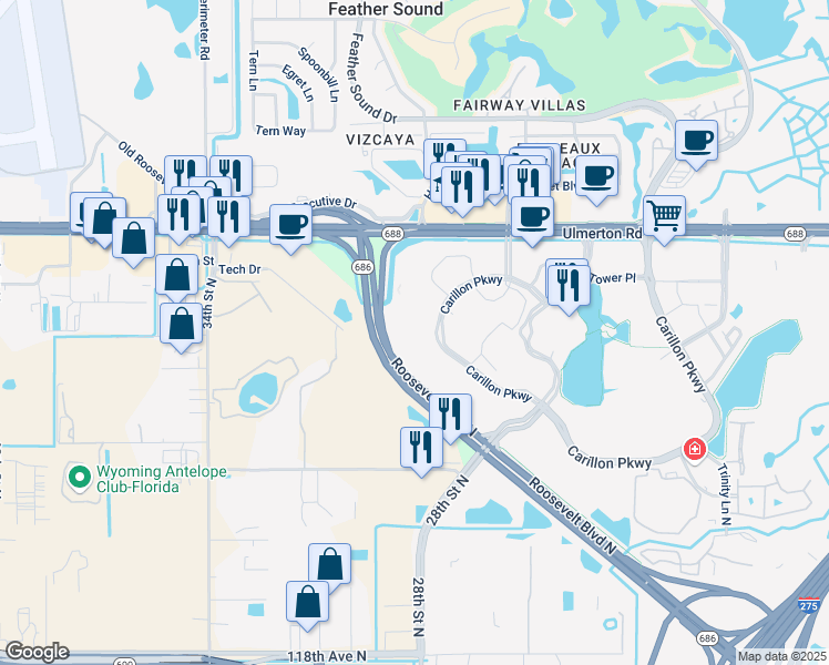 map of restaurants, bars, coffee shops, grocery stores, and more near 800 Carillon Parkway in St. Petersburg