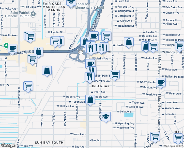 map of restaurants, bars, coffee shops, grocery stores, and more near 5130 South Dale Mabry Highway in Tampa