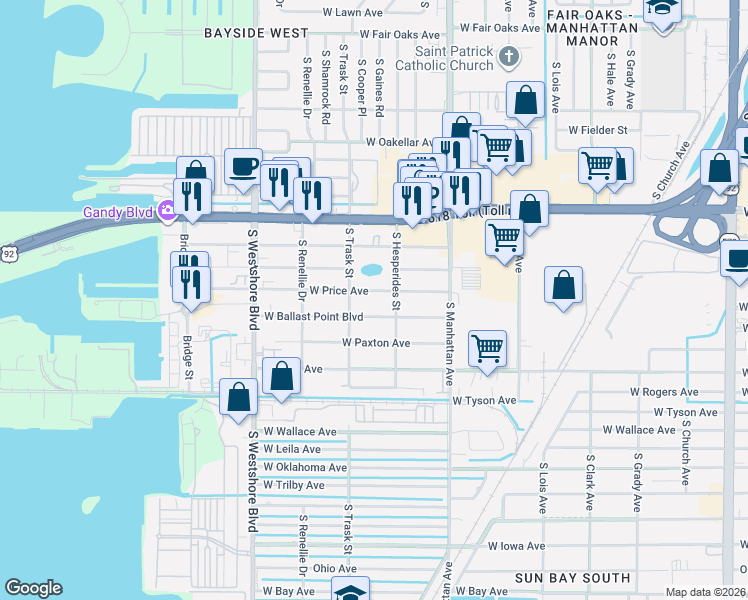 map of restaurants, bars, coffee shops, grocery stores, and more near 5013 South Hesperides Street in Tampa