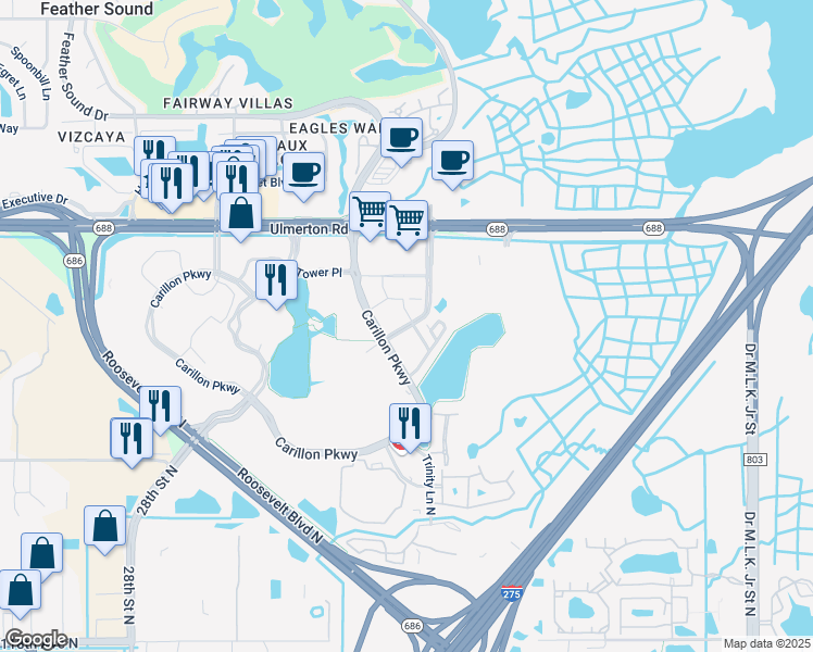 map of restaurants, bars, coffee shops, grocery stores, and more near 105 Commonwealth Court North in St. Petersburg
