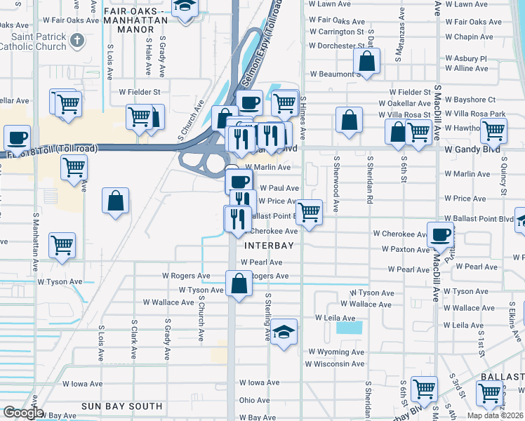 map of restaurants, bars, coffee shops, grocery stores, and more near 3523 West Ballast Point Boulevard in Tampa