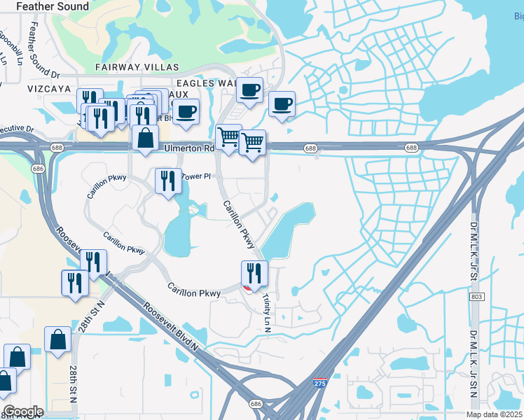 map of restaurants, bars, coffee shops, grocery stores, and more near 105 Commonwealth Court North in St. Petersburg