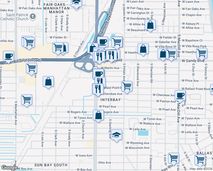 map of restaurants, bars, coffee shops, grocery stores, and more near 3523 West Price Avenue in Tampa