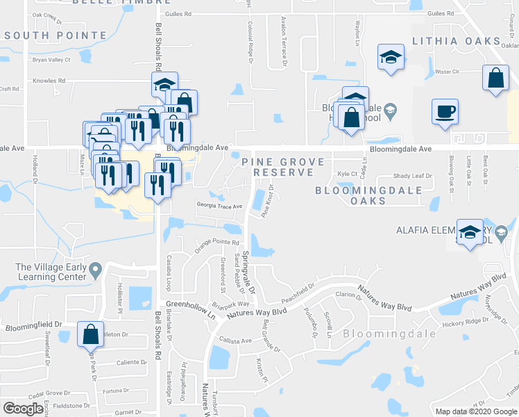 map of restaurants, bars, coffee shops, grocery stores, and more near 3616 Pine Knot Drive in Valrico