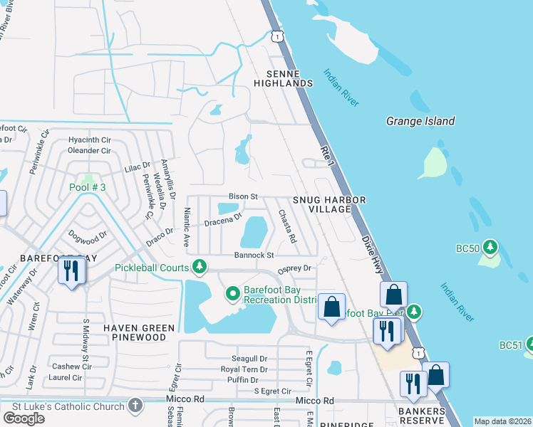 map of restaurants, bars, coffee shops, grocery stores, and more near 5377 Bison Street in Micco