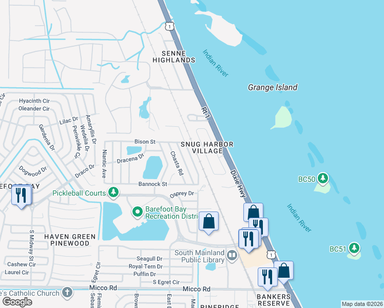 map of restaurants, bars, coffee shops, grocery stores, and more near 7507 Boxelder Road in Micco