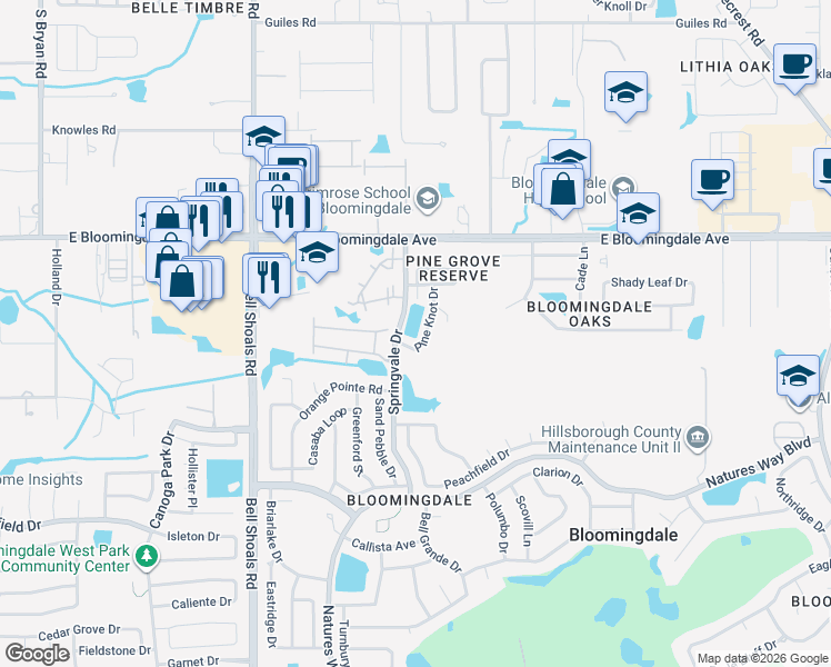 map of restaurants, bars, coffee shops, grocery stores, and more near 3612 Pine Knot Drive in Valrico