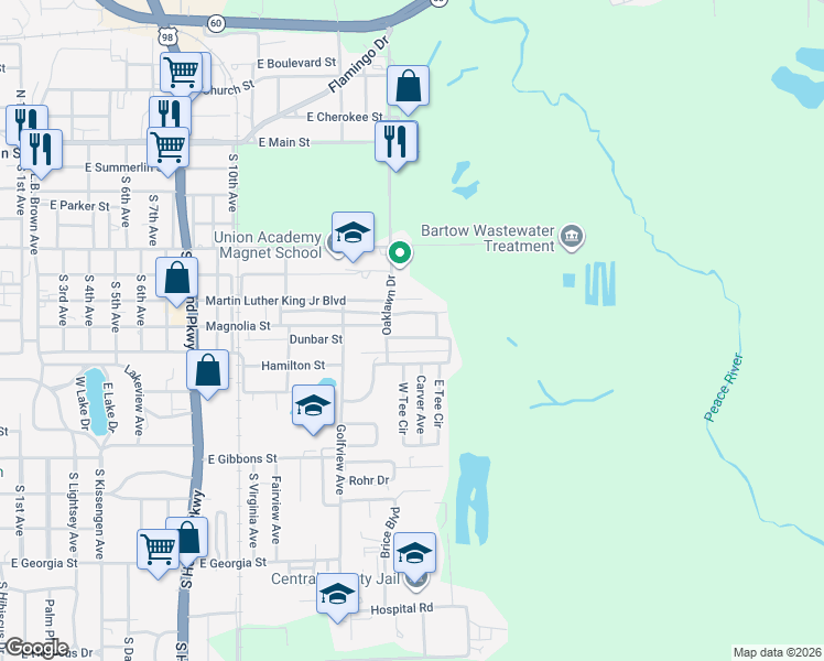 map of restaurants, bars, coffee shops, grocery stores, and more near 2383 Booker Street in Bartow