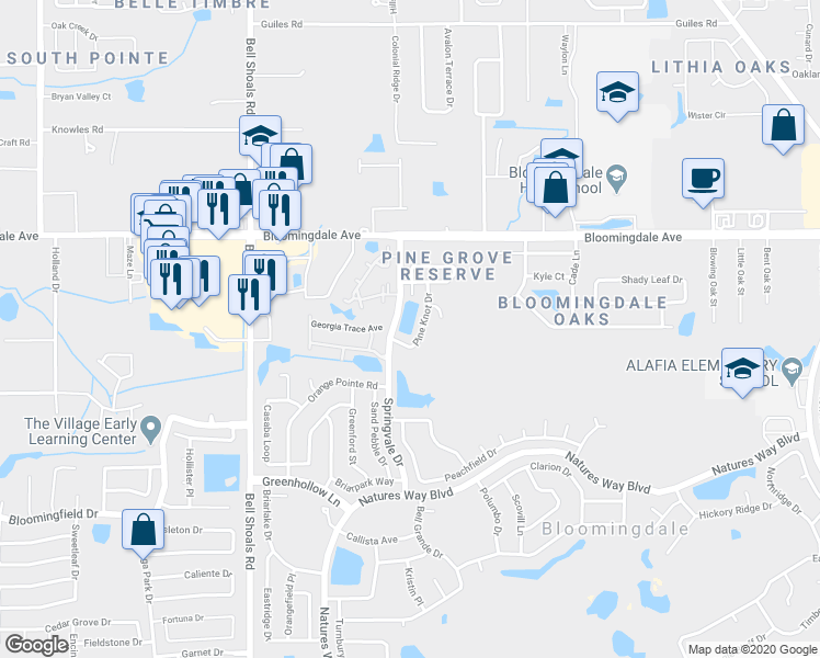 map of restaurants, bars, coffee shops, grocery stores, and more near 3609 Pine Knot Drive in Valrico