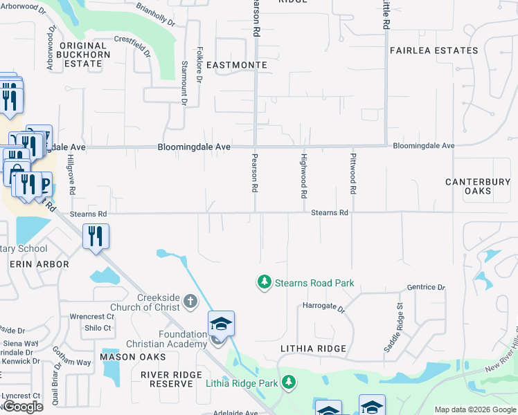 map of restaurants, bars, coffee shops, grocery stores, and more near 3512 Stearns Road in Valrico