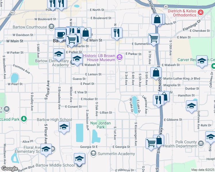 map of restaurants, bars, coffee shops, grocery stores, and more near 720 South Orange Avenue in Bartow