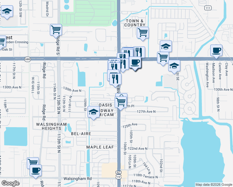 map of restaurants, bars, coffee shops, grocery stores, and more near 13000 Robin Lane in Largo