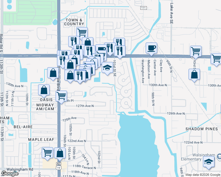 map of restaurants, bars, coffee shops, grocery stores, and more near 12874 101st Street Southeast in Largo