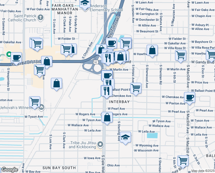 map of restaurants, bars, coffee shops, grocery stores, and more near 5130 South Dale Mabry Highway in Tampa