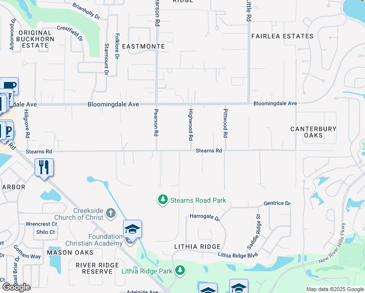 map of restaurants, bars, coffee shops, grocery stores, and more near 3626 Stearns Road in Valrico