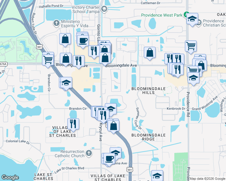 map of restaurants, bars, coffee shops, grocery stores, and more near 6256 Osprey Lake Circle in Riverview
