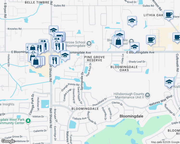 map of restaurants, bars, coffee shops, grocery stores, and more near 3616 Pine Knot Drive in Valrico
