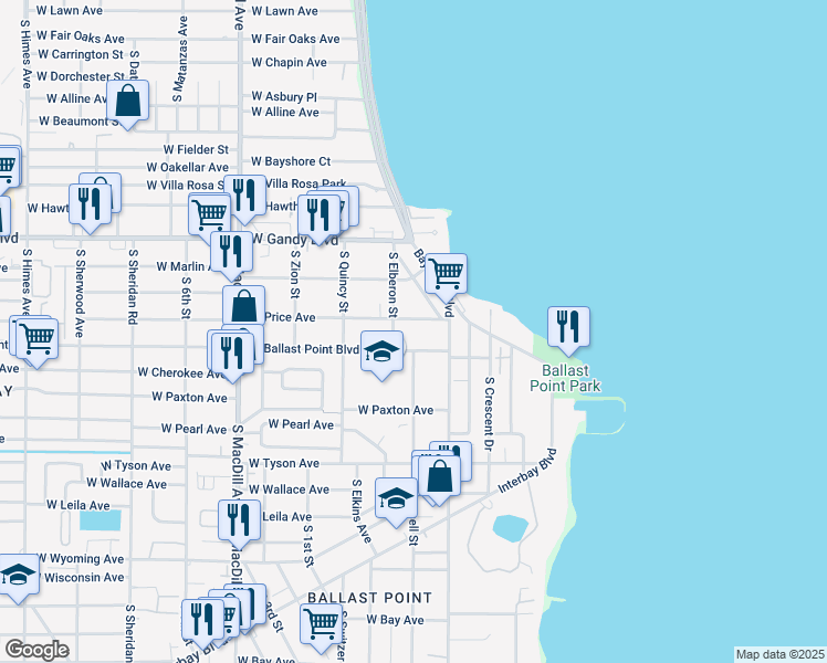 map of restaurants, bars, coffee shops, grocery stores, and more near 2703 West Price Avenue in Tampa