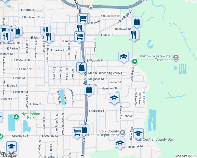 map of restaurants, bars, coffee shops, grocery stores, and more near 1650 Magnolia Street in Bartow
